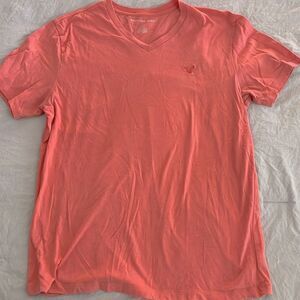 American Eagle Men's V-Neck T-Shirt w/ Logo Salmon Pink Cotton Size M